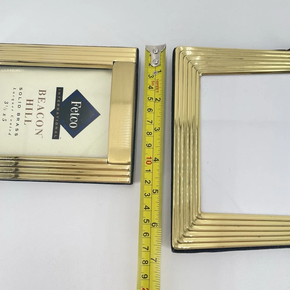 2 Solid Brass Picture Frames Tabletop Stepped Ribbed Art Deco Inspired